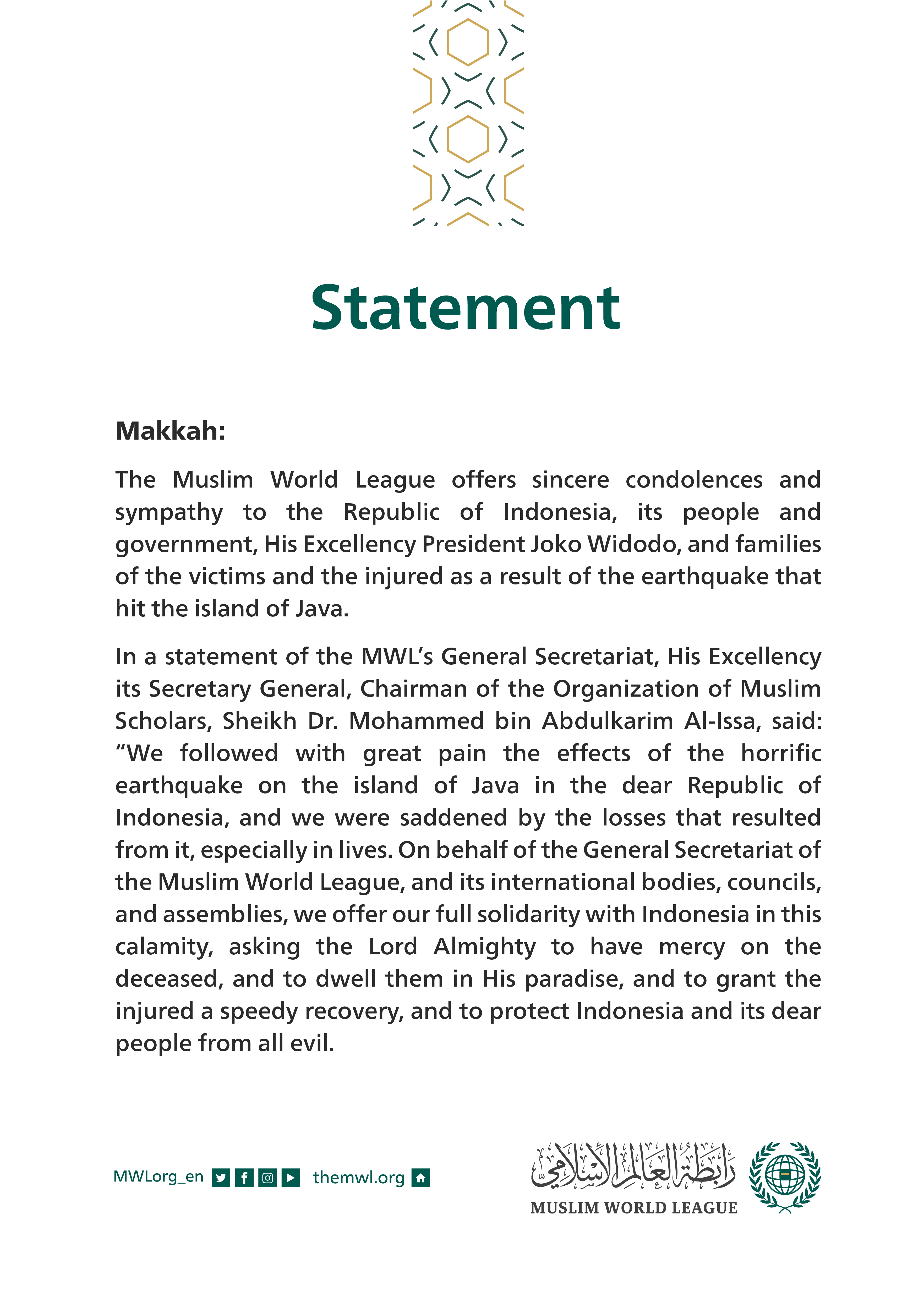 Statement from the #MuslimWorldLeague: