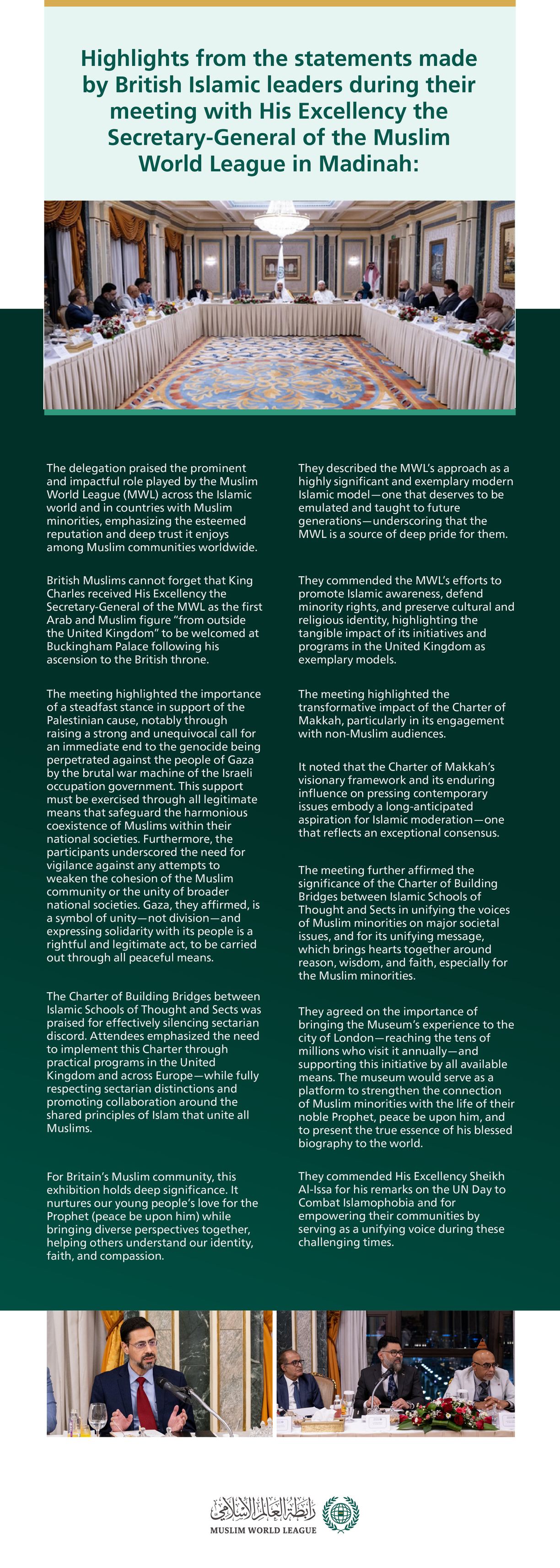 Highlights from the statements issued by British Muslim leaders following their meeting in Madinah with His Excellency Sheikh Dr. Mohammed Alissa, Secretary-General of the Muslim World League and Chairman of the Organization of Muslim Scholars, addressed the Gaza tragedy, the MWL’s approach, religious identity, minority rights, the principles outlined in the Charter of Makkah, among other topics.