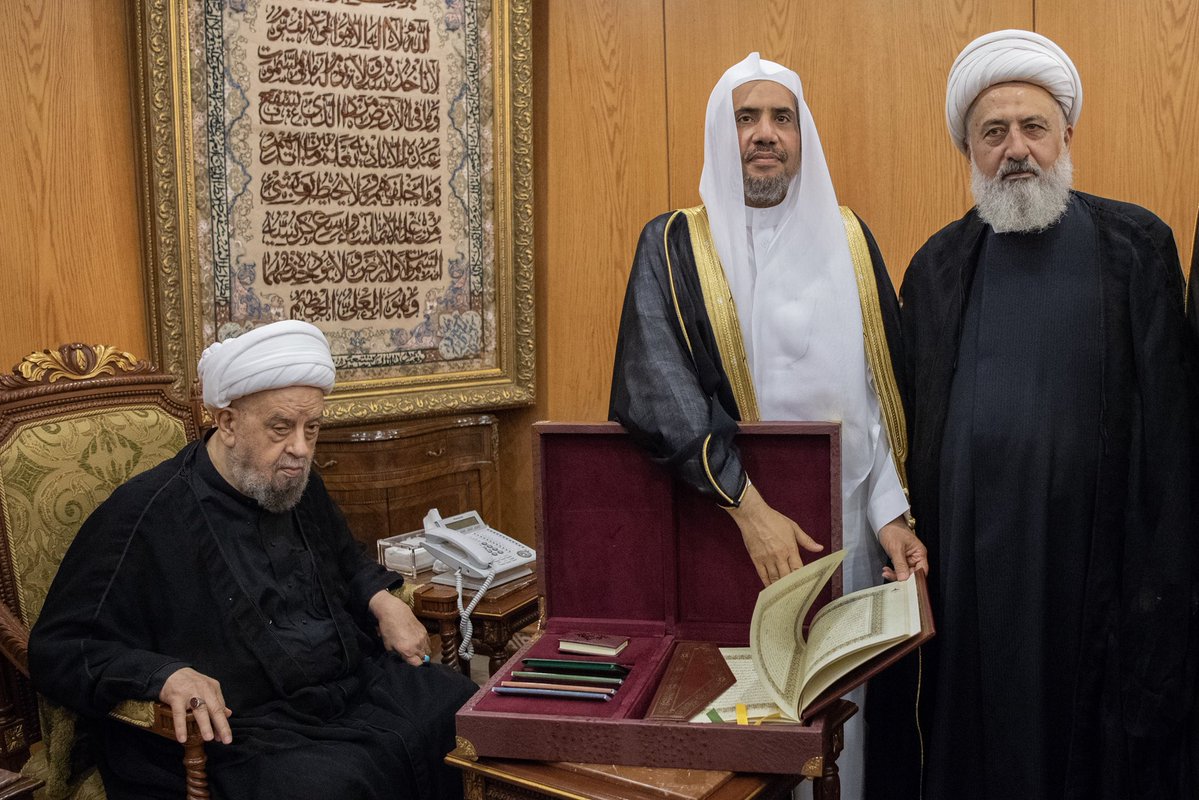 Sheikh Abdulamir Qablan, President of the Supreme Shia Council receives the  Muslim World League's Sheikh Mohammad Alissa in the Council Headquarters in the Lebanese capital Beirut. The Council VP Ali Alkhateeb participated in the meeting.