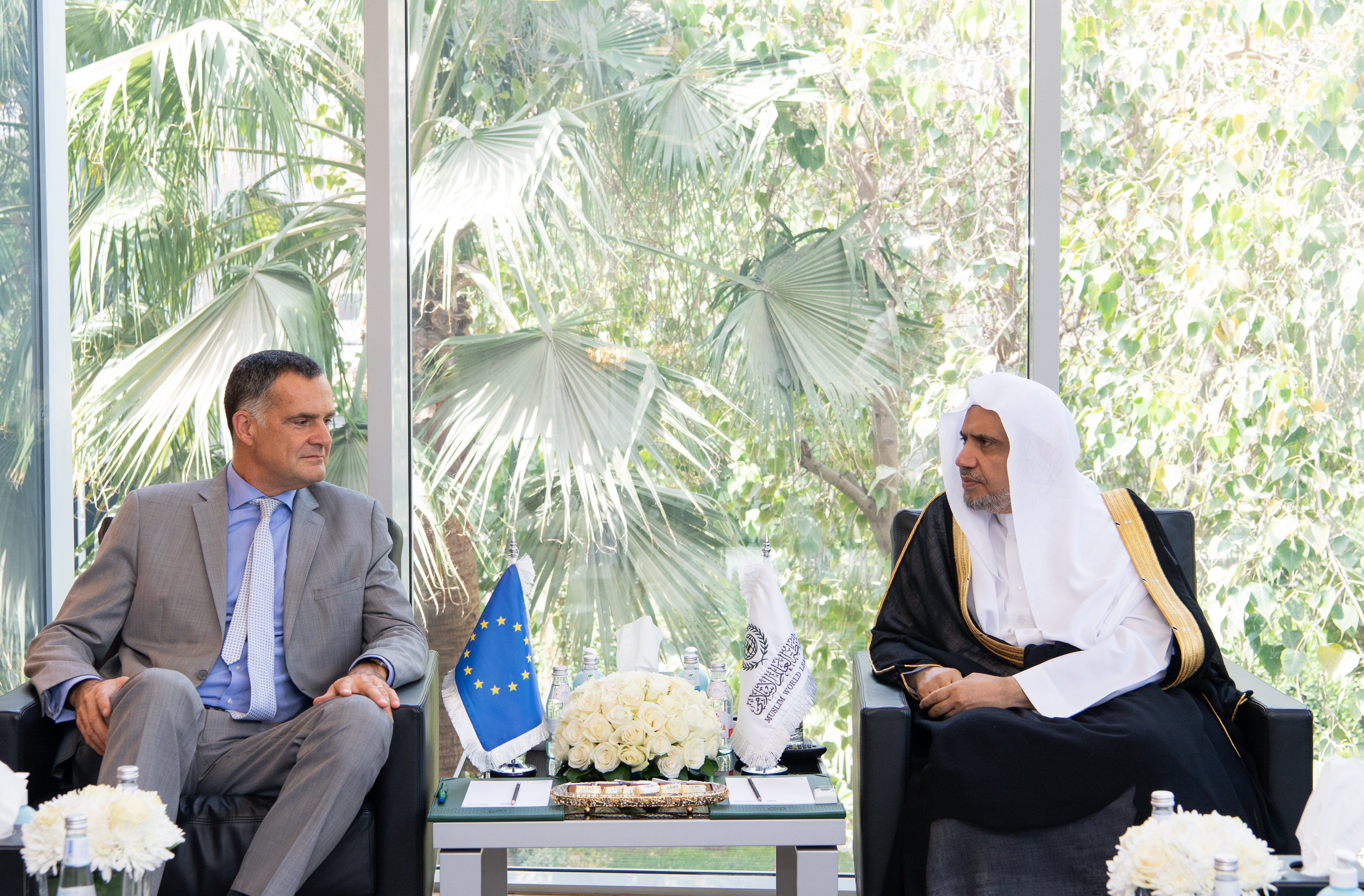 At his office in Riyadh, His Excellency Sheikh Dr. Mohammed Al-Issa, the Secretary-General of the MWL and Chairman of the Organization of Muslim Scholars, meets with His Excellency Mr. Christophe Farnaud