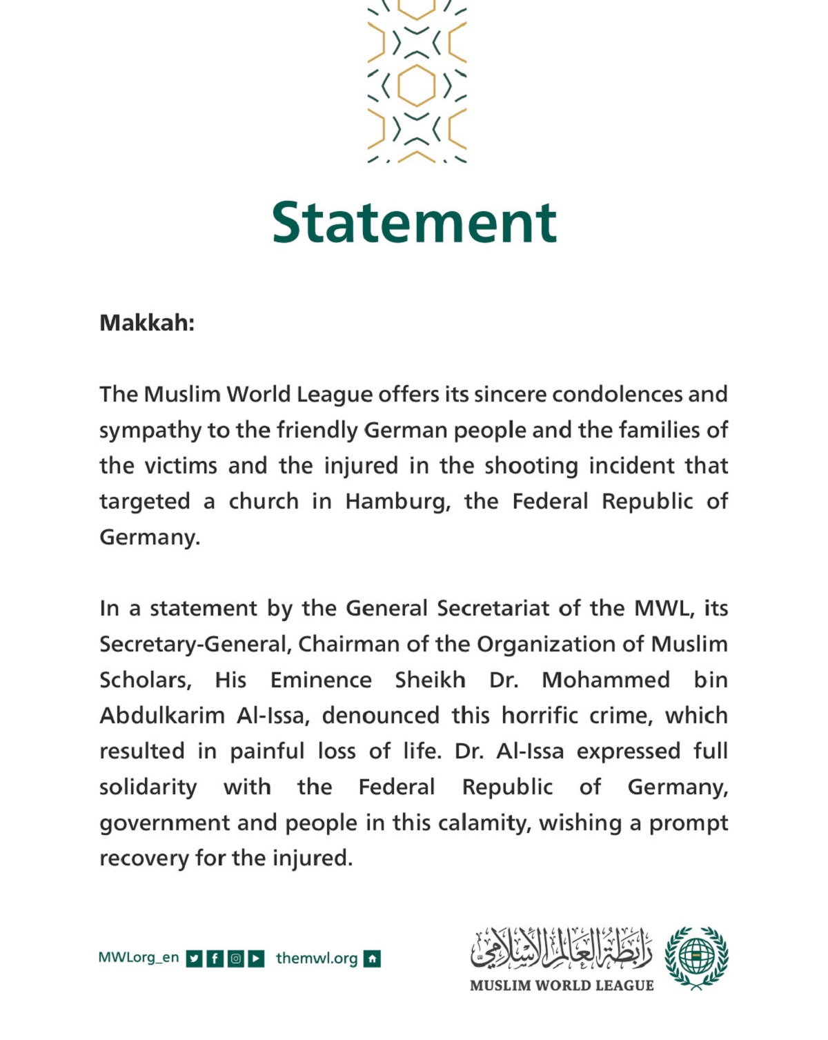 Statement from the Muslim World League: