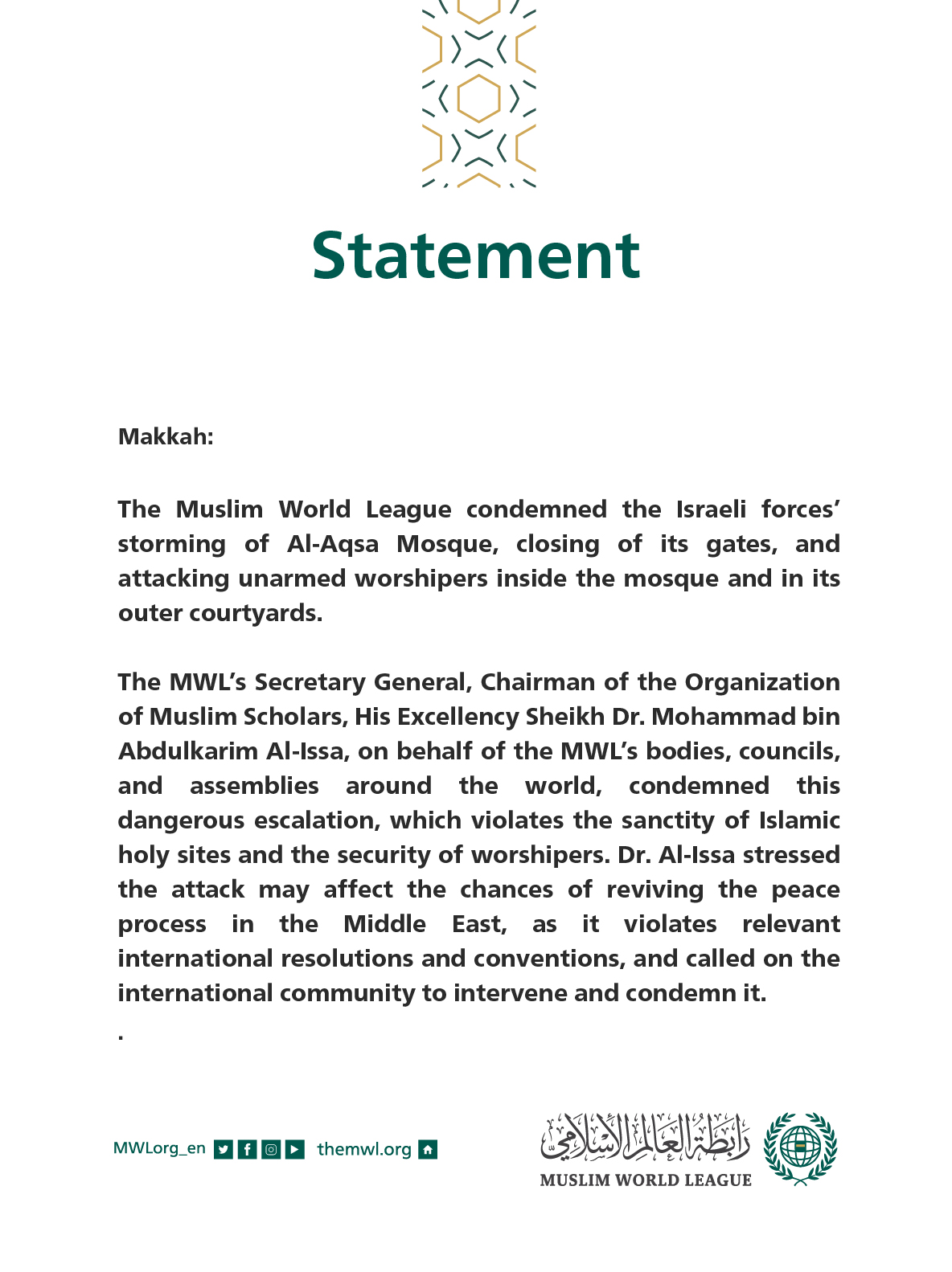 Statement from the Muslim World League