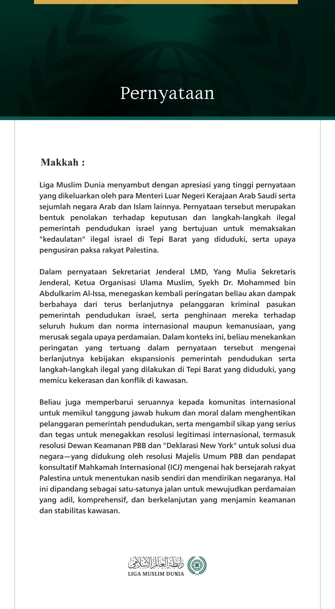 Pernyataan dari Liga Muslim Dunia: