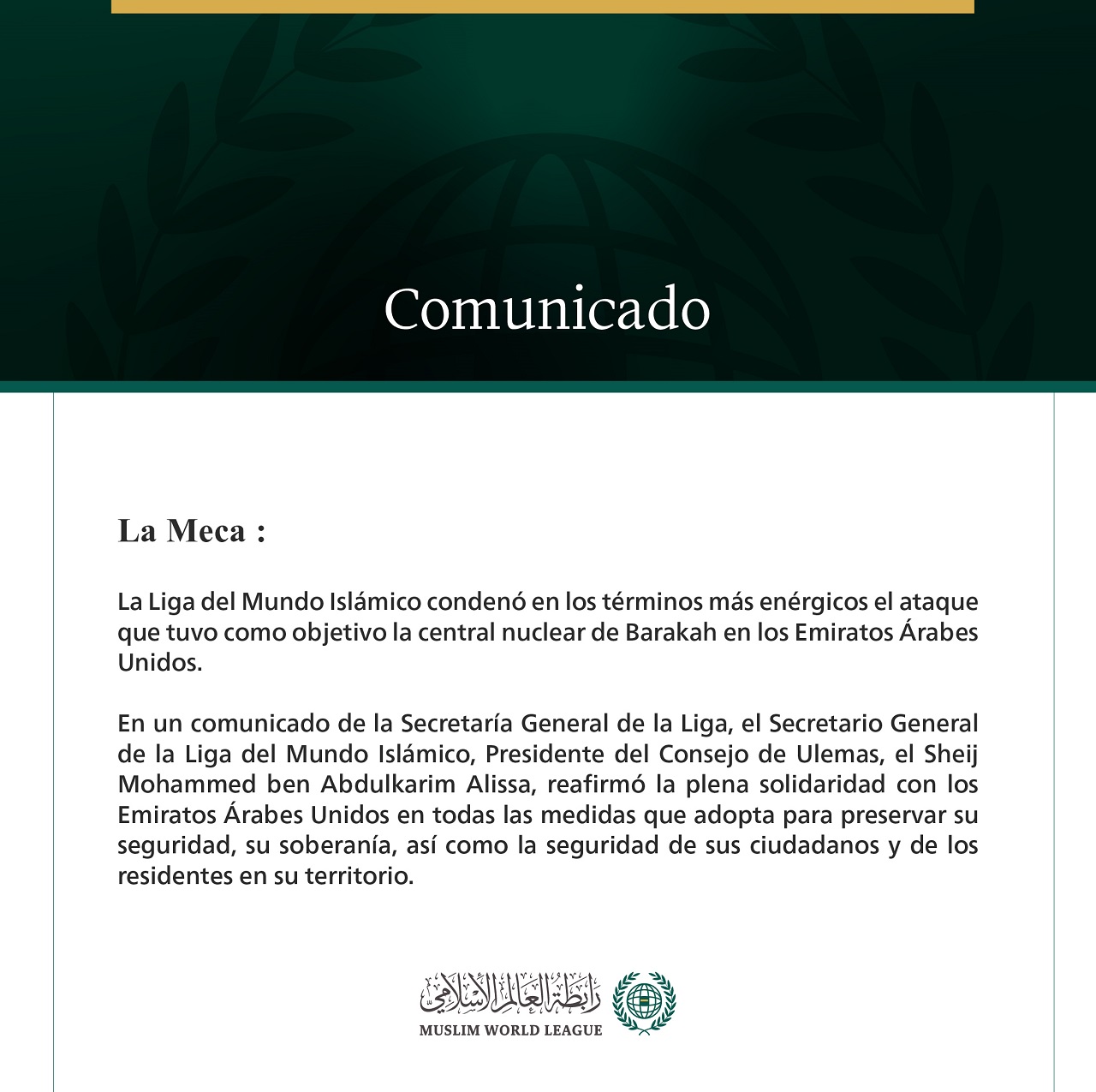 La Liga del Mundo Islámico condena el ataque contra una central nuclear en los Emiratos Árabes Unidos