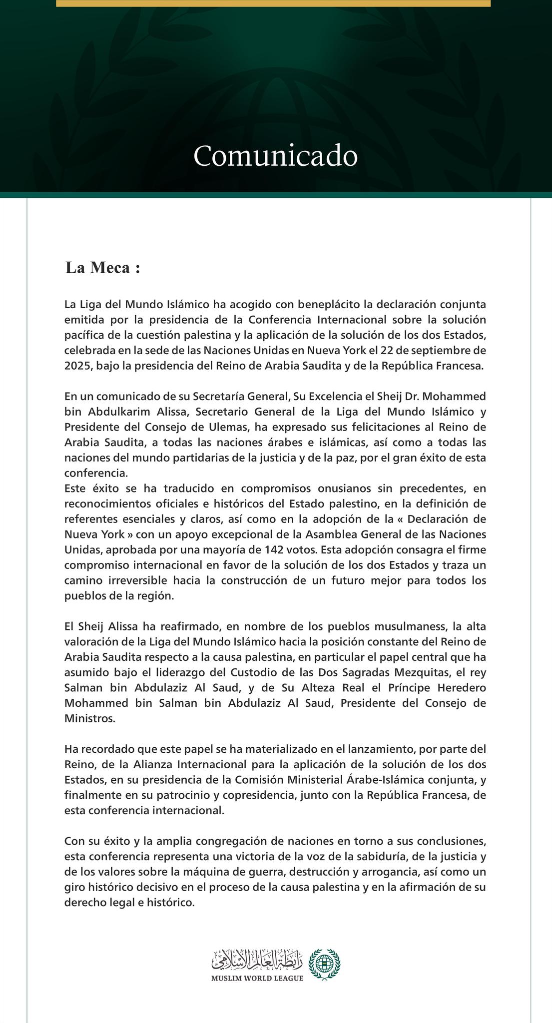 La Liga del Mundo Islámico: La Conferencia sobre la solución de los dos Estados; una victoria histórica de la voz de la sabiduría, la justicia y los valores sobre la máquina de guerra, destrucción y arrogancia