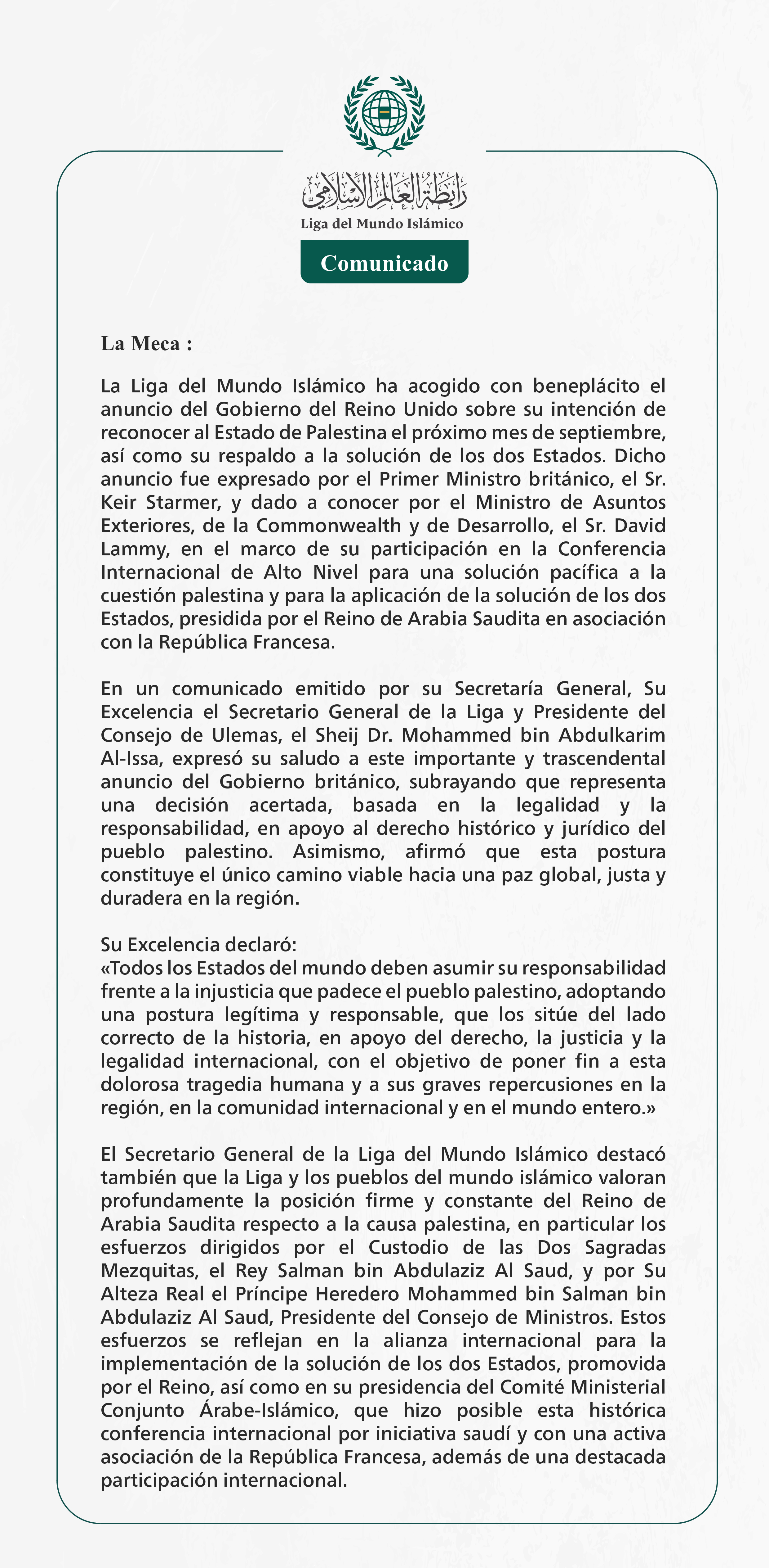 La Liga del Mundo Islámico acoge con beneplácito el anuncio del Reino Unido sobre su intención de reconocer al Estado de Palestina y su apoyo a la solución de los dos Estados