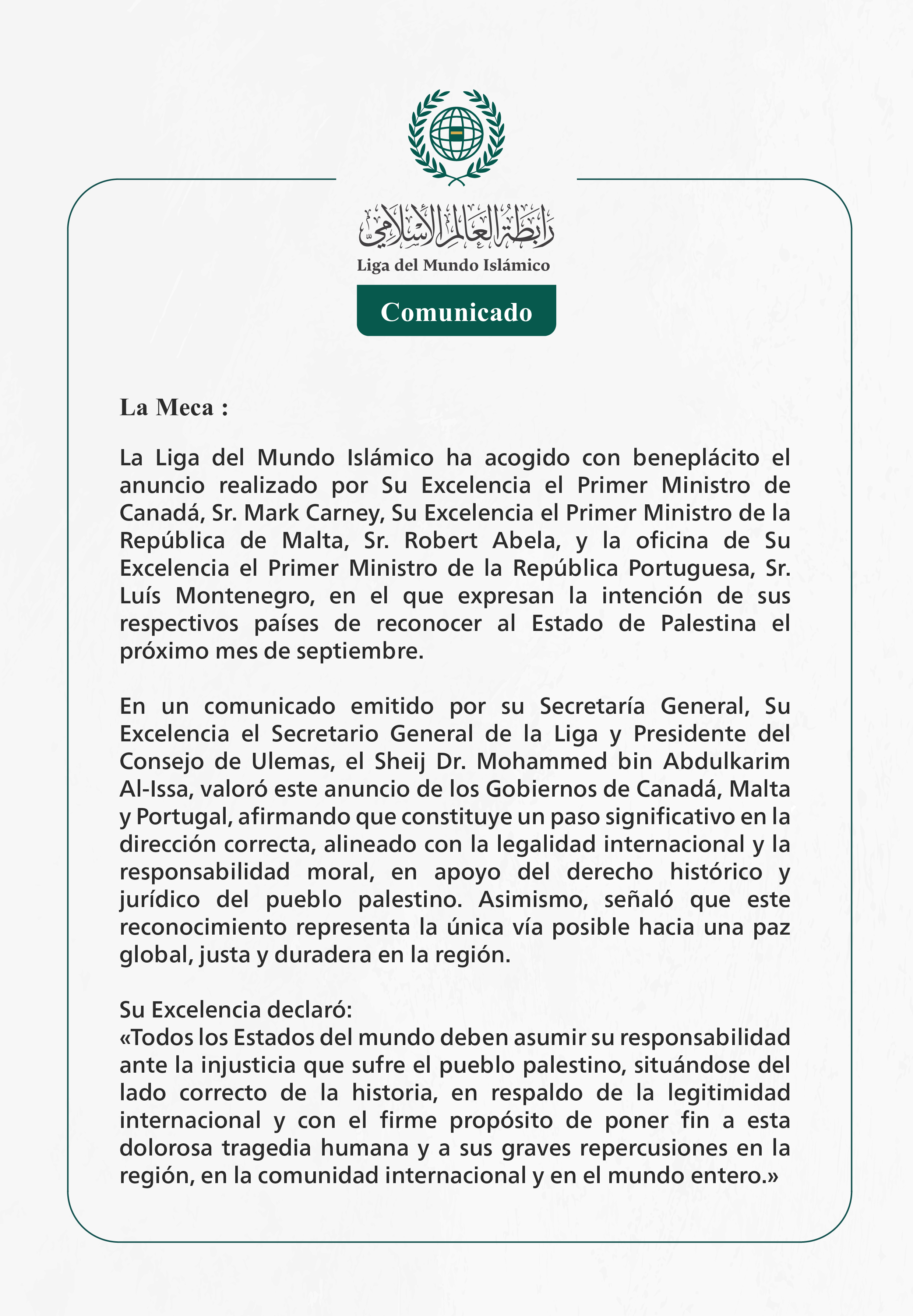La Liga del Mundo Islámico acoge con beneplácito el anuncio de Canadá, Malta y Portugal sobre su intención de reconocer al Estado de Palestina