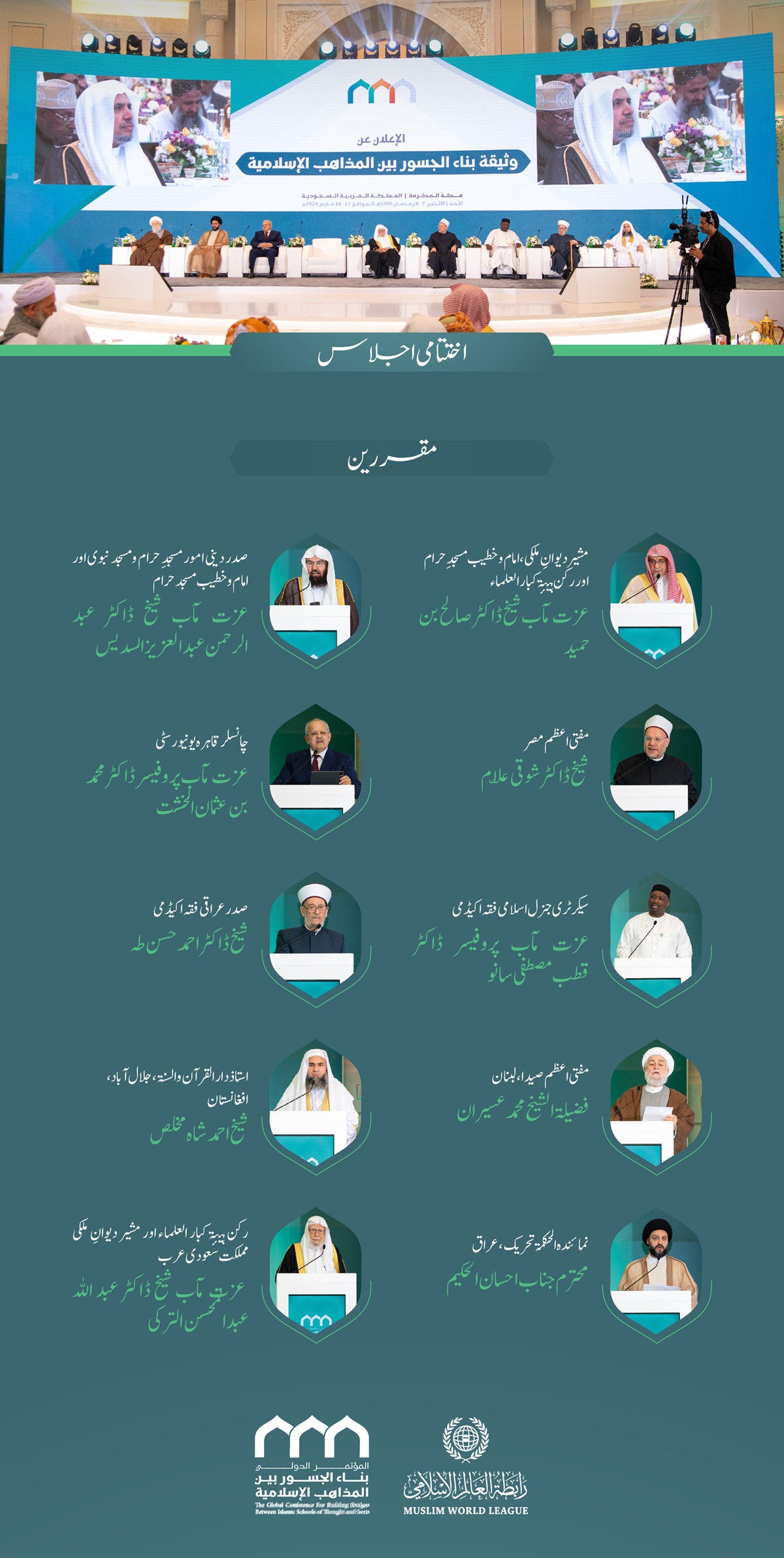 سیشن کا افتتاح سیکرٹری جنرل رابطہ اور چیئرمین مسلم علماء کونسل عز ت مآب شیخ ڈاکٹر محمد العیسی نے کیا۔”اسلامی مذاہب کے درمیان پلوں کی تعمیر“ کانفرنس کے افتتاحی تقریب کے مقررین: