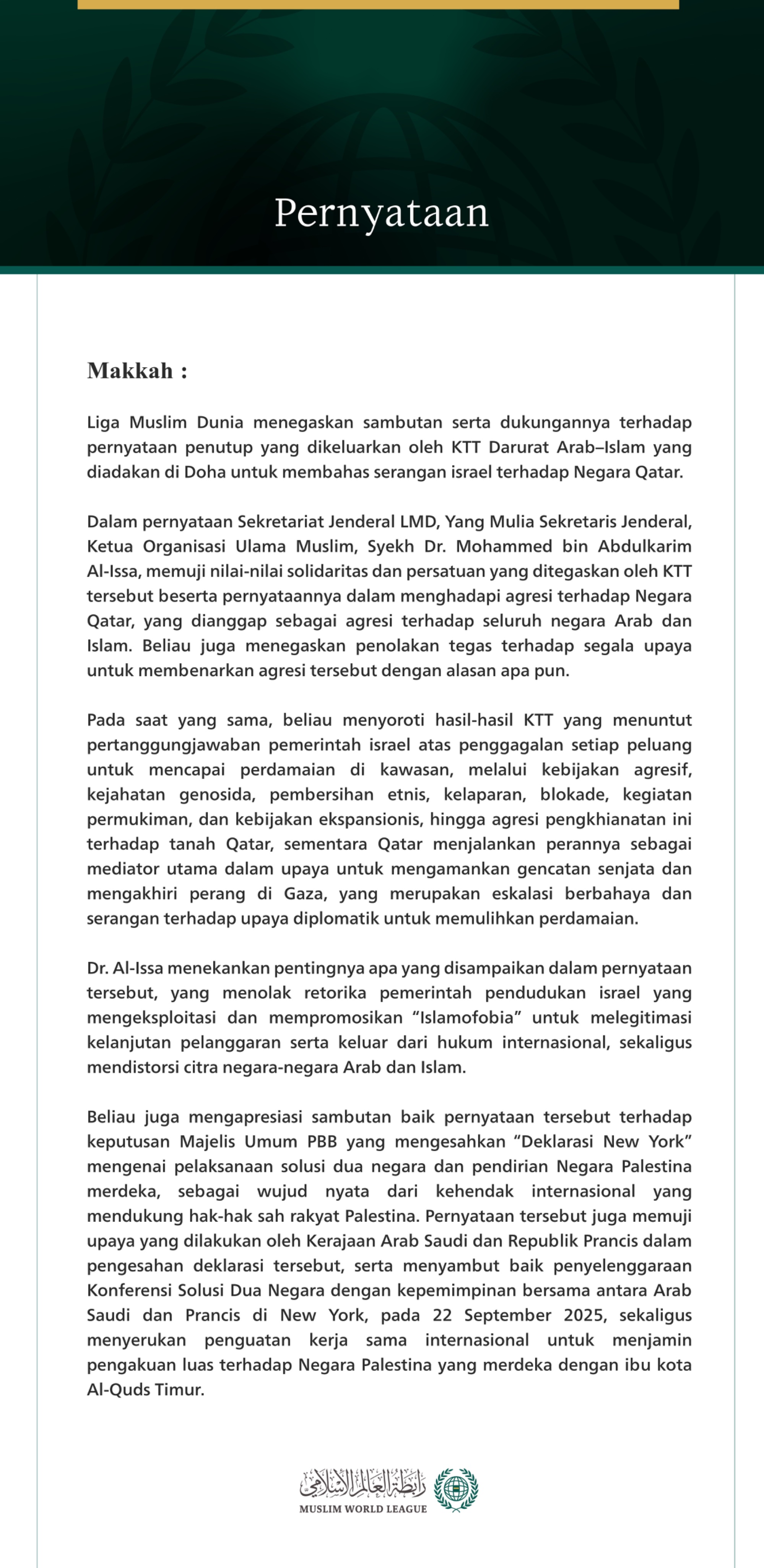 Pernyataan dari Liga Muslim Dunia: