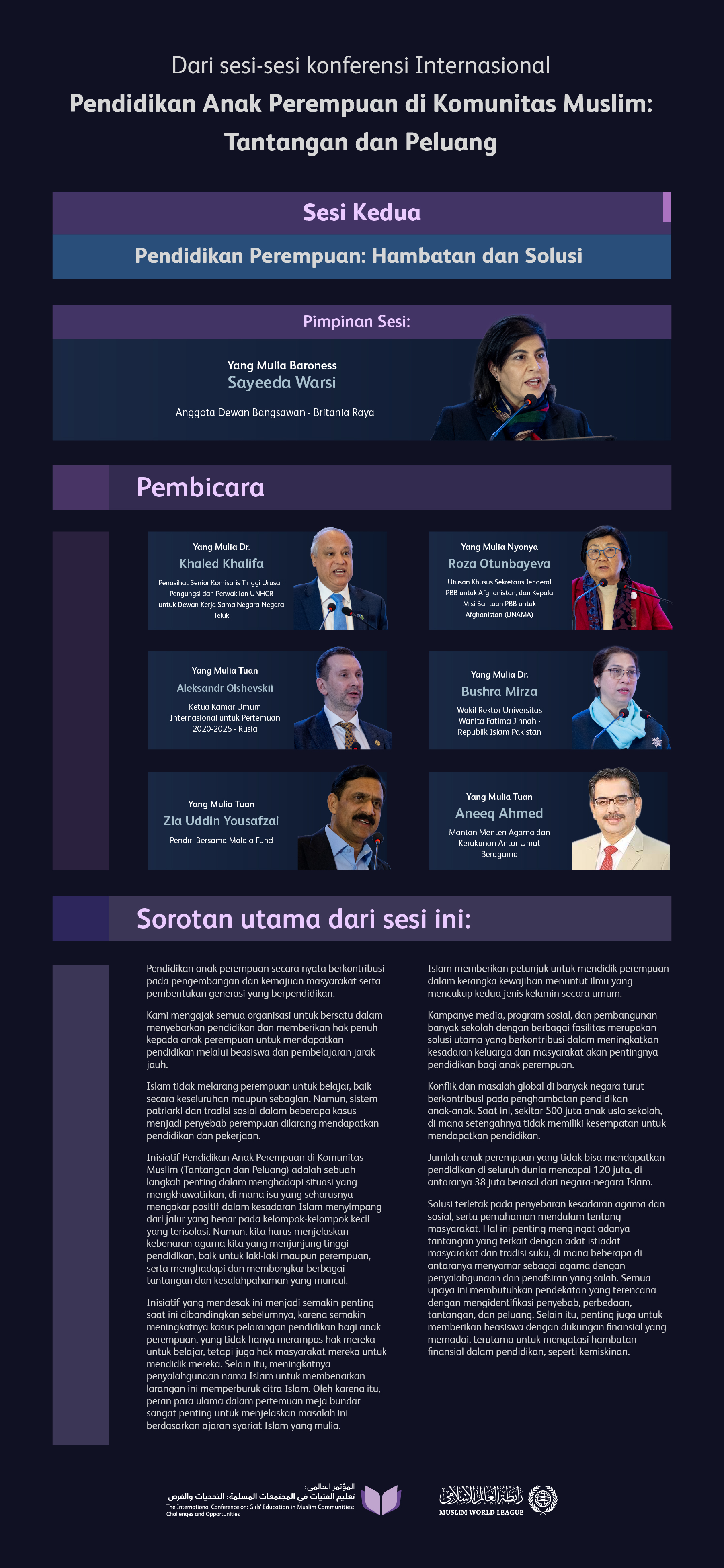 "Inisiatif yang sangat penting dan menarik"  Mari kita simak hal-hal penting yang dibahas dalam sesi kedua Inisiatif Pendidikan Anak Perempuan di komunitas Muslim, serta hasil-hasil utamanya: