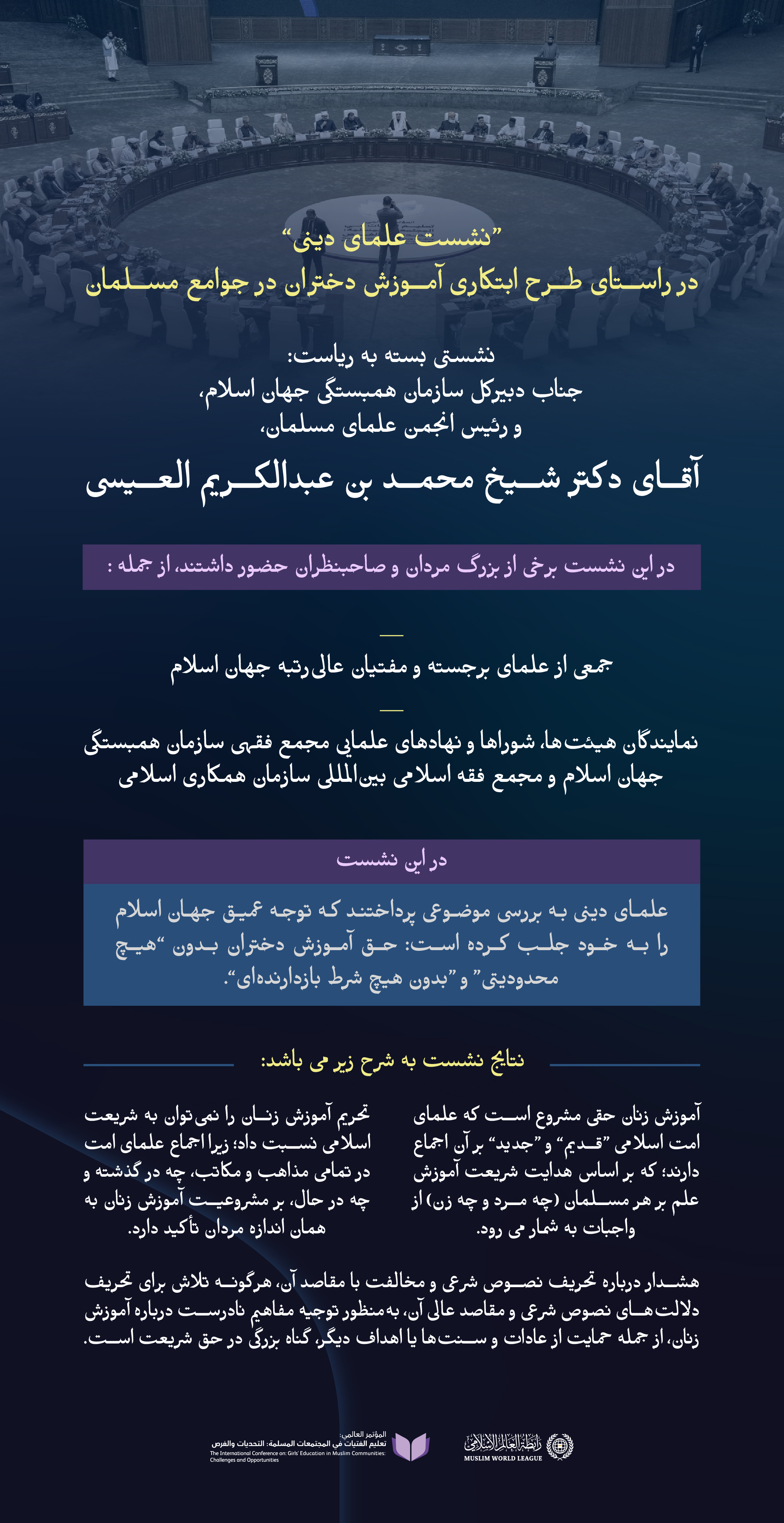 به ریاست جناب دکتر محمد العیسی : با حضور و مشارکت جمعی از علمای برجسته و فضلای بزرگوار، مهم‌ترین موضوعاتی که در نشست بسته علمای دینی مطرح شد
