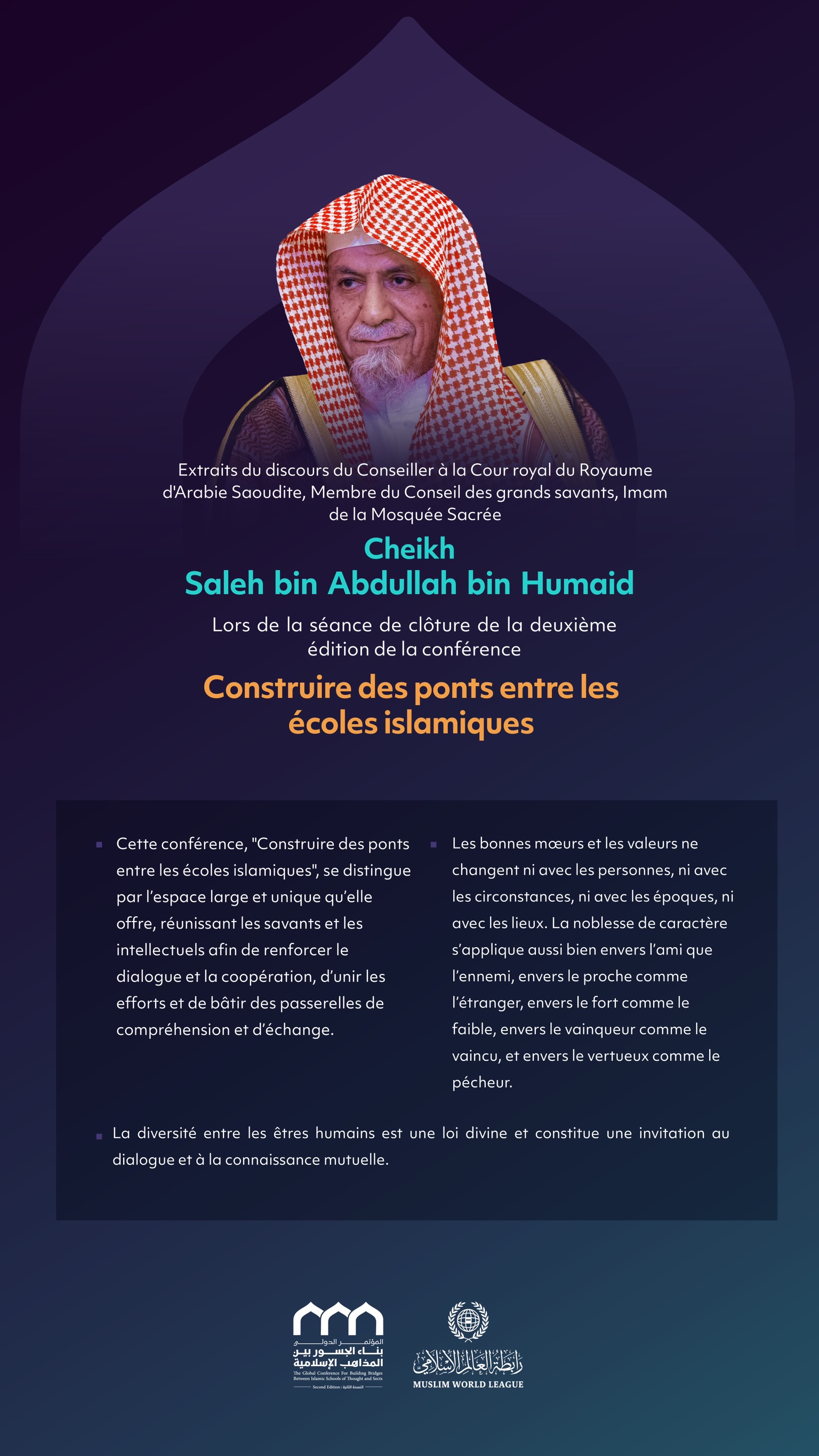 Extraits du discours de cheikh Saleh bin Abdullah bin Humaid, conseiller à la Cour royale du Royaume d’Arabie Saoudite, membre du Conseil des grands savants, imam de la Mosquée Sacrée, lors de la session de clôture de la deuxième édition de la conférence