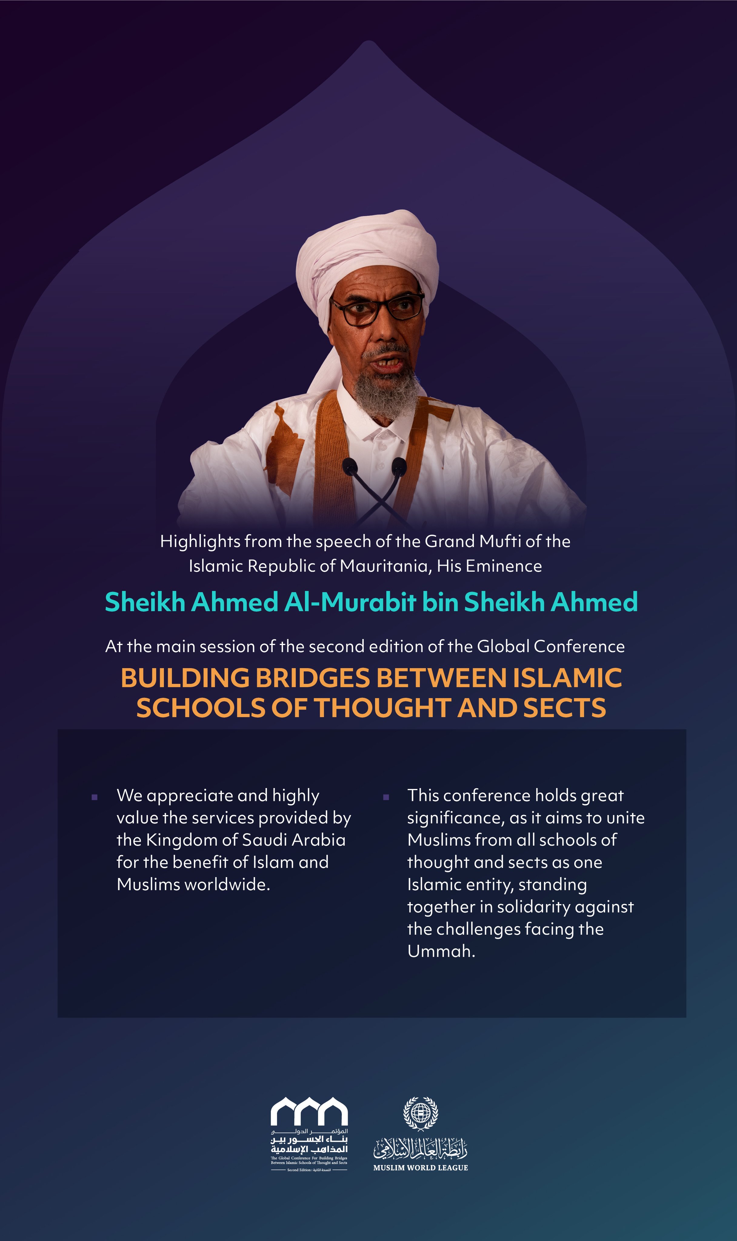 Highlights from the speech of His Eminence Sheikh Ahmed Al-Murabit bin Sheikh Ahmed during the main session of the second edition of the Global Conference: Building Bridges Between Sects