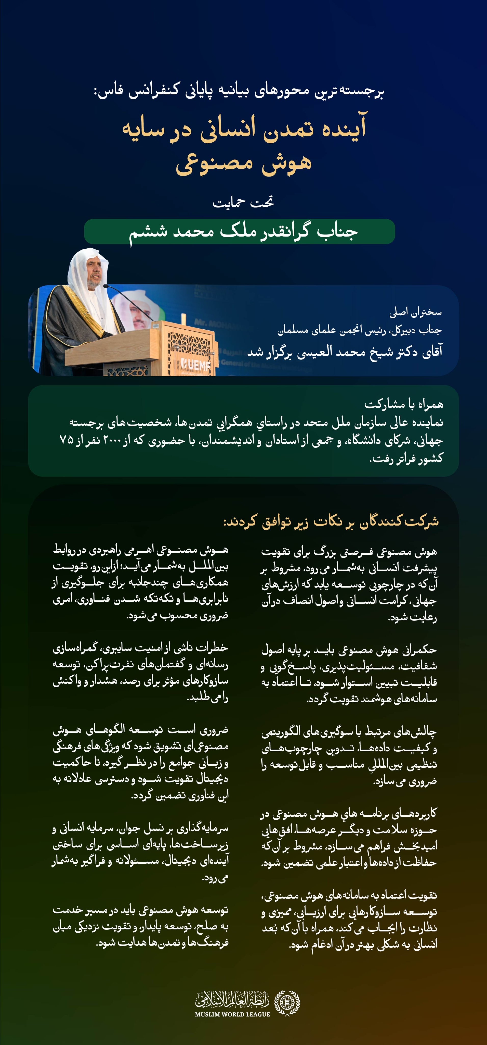 با مشارکت جناب دبیرکل، رئیس انجمن علمای مسلمان، آقای دکتر شیخ محمد العیسی، به‌عنوان سخنران اصلی، ونیز نماینده عالی سازمان ملل متحد در راستاي همگرايي تمدن‌ها، در کنار شخصیت‌های برجسته جهانی و جمعی از استادان دانشگاه واندیشمندانی از ۷۵ کشور