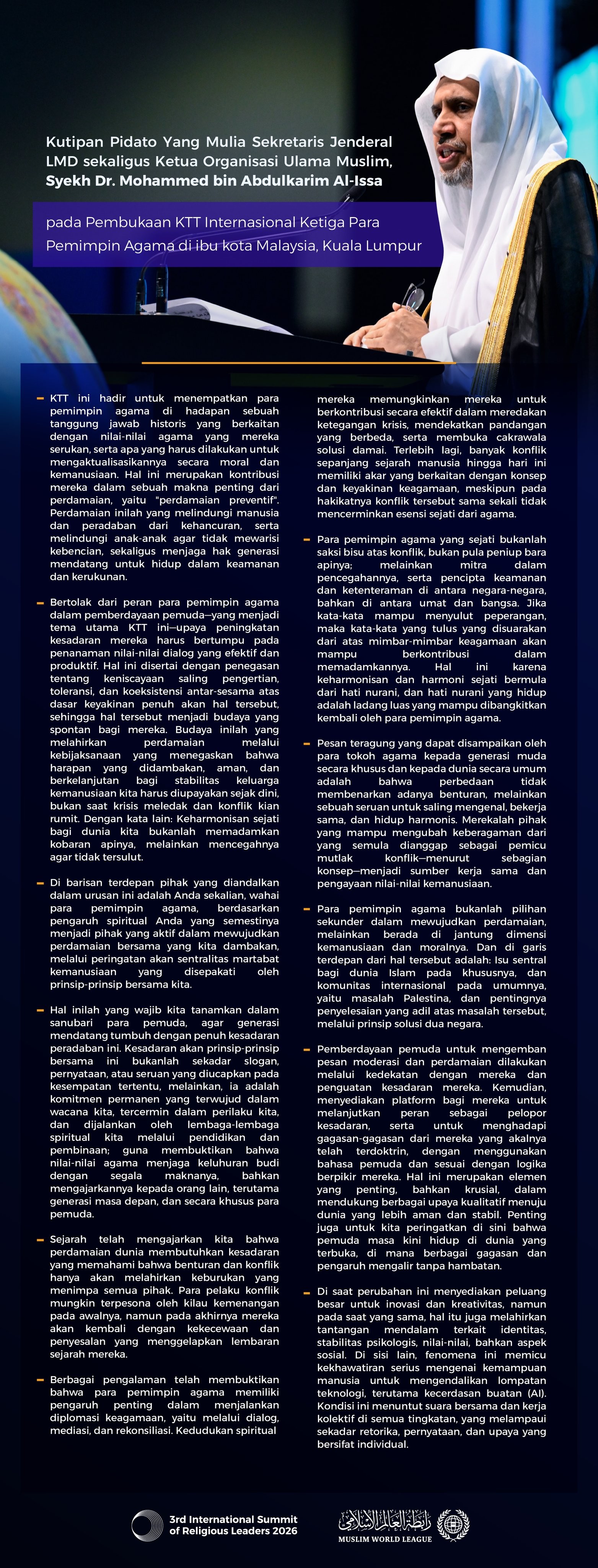 Kutipan dari pidato utama Yang Mulia Sekretaris Jenderal LMD sekaligus Ketua Organisasi Ulama Muslim, Syekh Dr. Mohammed Alissa , pada Pembukaan KTT Internasional Ketiga Para Pemimpin Agama di ibu kota Malaysia, Kuala Lumpur: