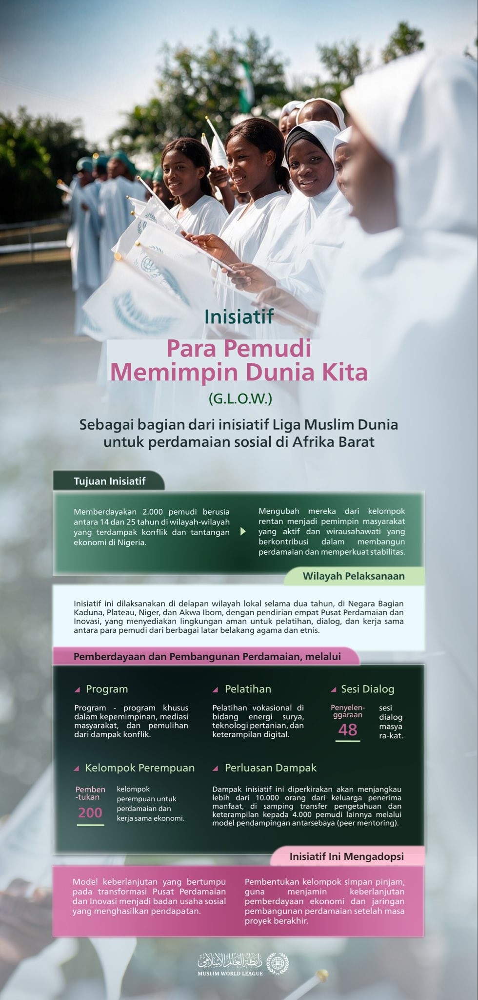 Sebagai bagian dari inisiatifnya untuk perdamaian sosial di Afrika Barat: Liga Muslim Dunia meluncurkan inisiatif "Para Pemudi Memimpin Dunia Kita" (G.L.O.W.)
