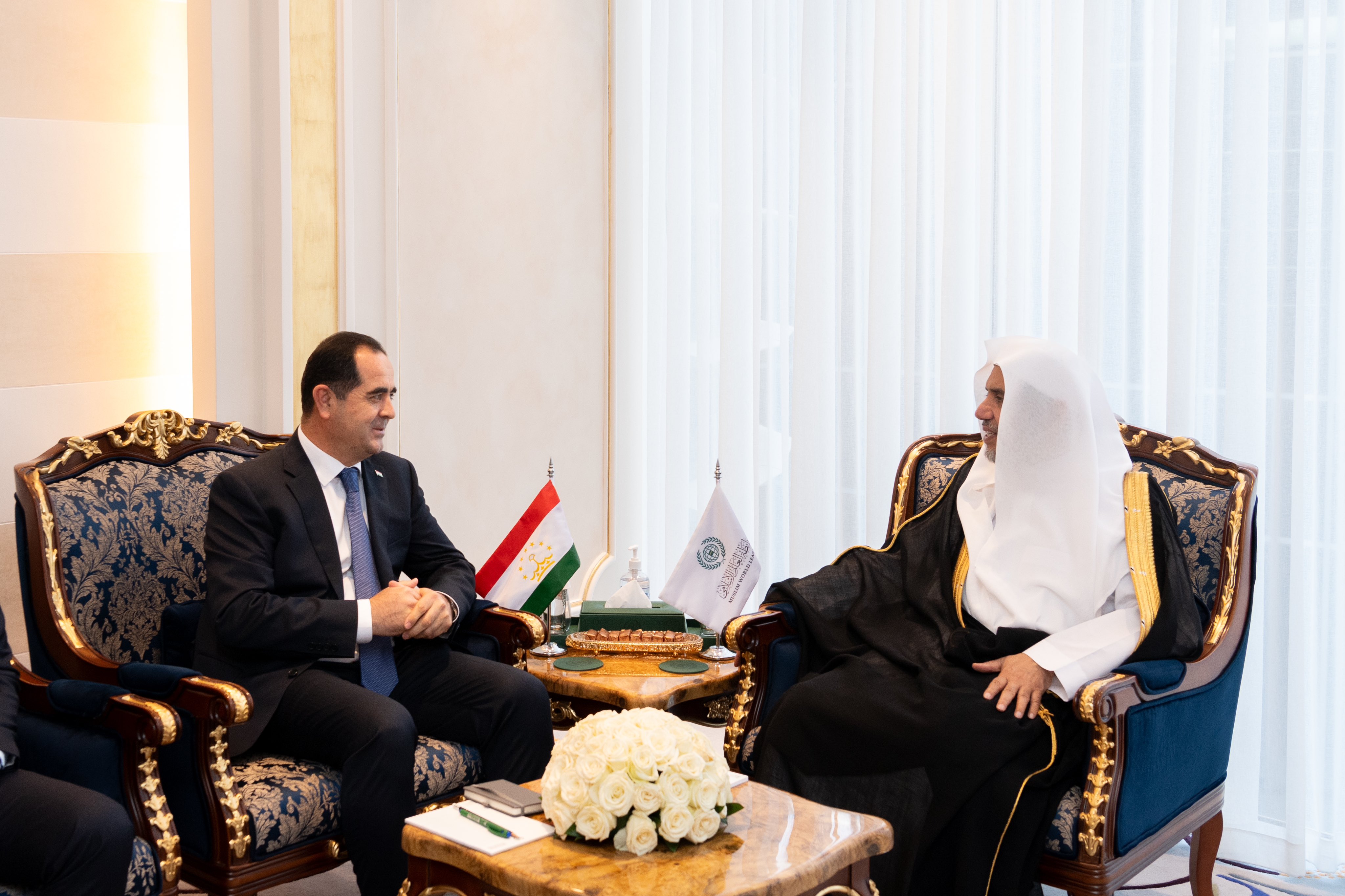 His Excellency Sheikh Dr. Mohammed Al-issa , Secretary-General of the MWL, met with His Excellency Ambassador Akram Karimi, the Ambassador Extraordinary and Plenipotentiary of the Republic of Tajikistan to the Kingdom of Saudi Arabia.