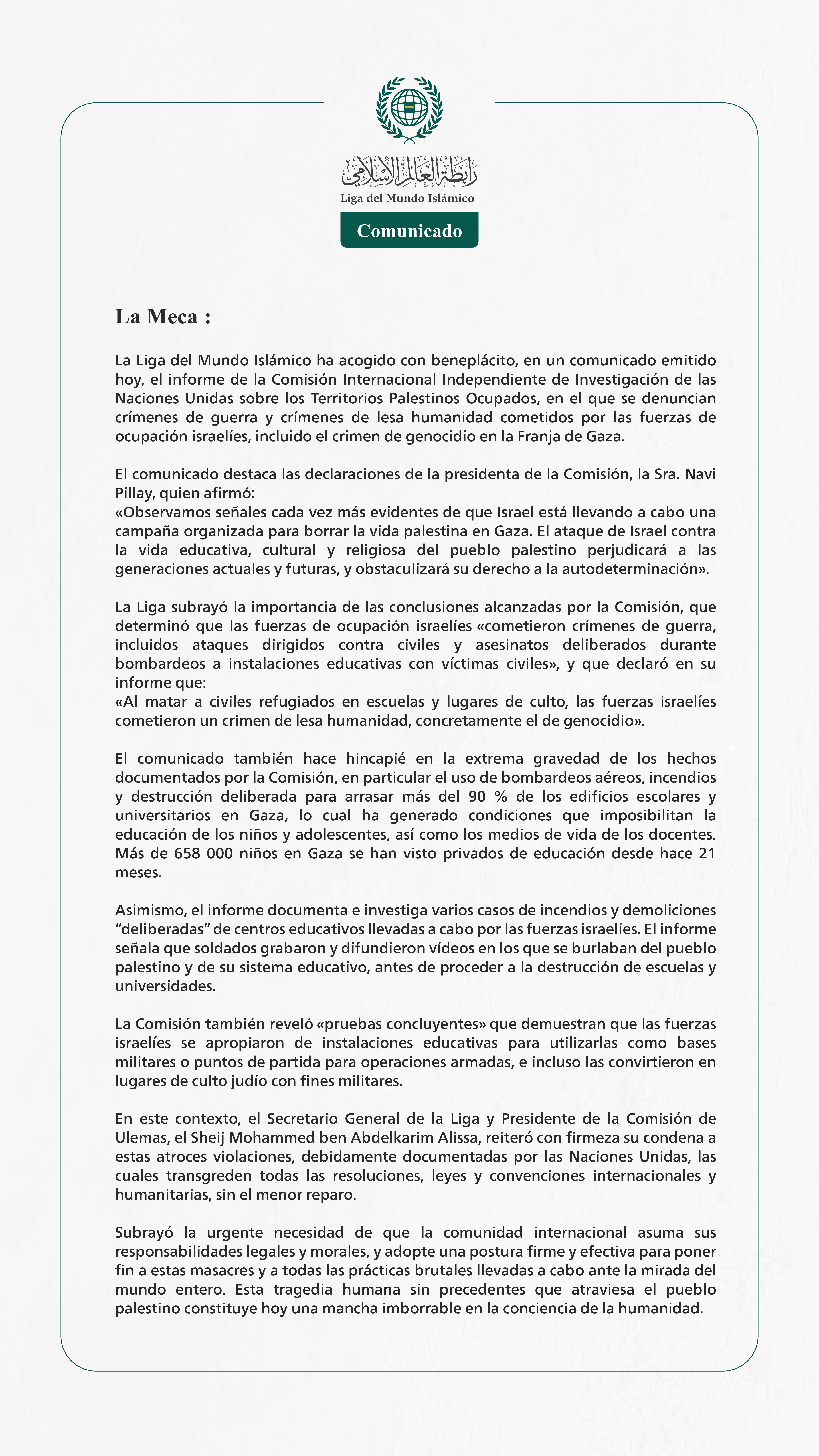 La Liga del Mundo Islámico acoge con beneplácito el informe de la Comisión Internacional Independiente de las Naciones Unidas sobre los Territorios Palestinos Ocupados