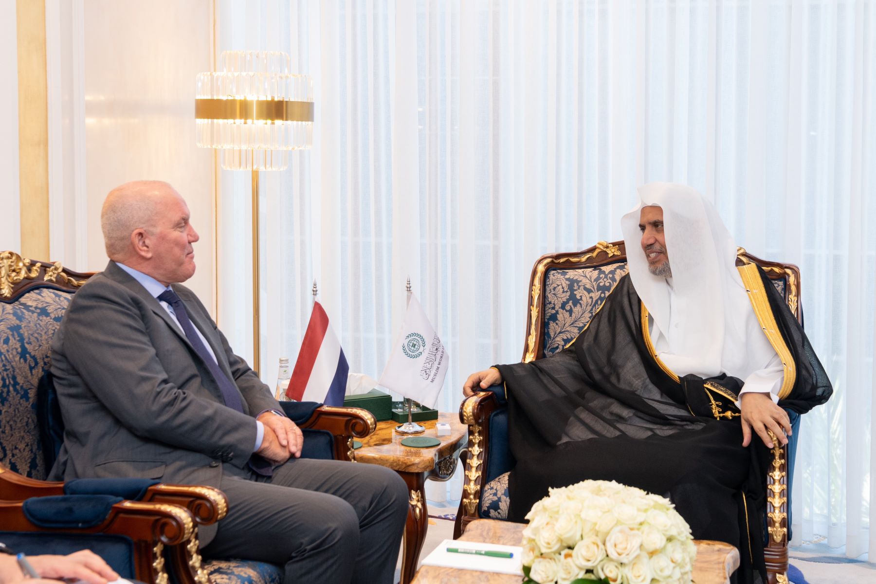 His Excellency Sheikh Dr. Mohammad Al-Issa, Secretary-General of the MWL and Chairman of the Organization of Muslim Scholars, met with His Excellency Mr. Hans Peter van der Woude, Ambassador of the Netherlands to the Kingdom of Saudi Arabia