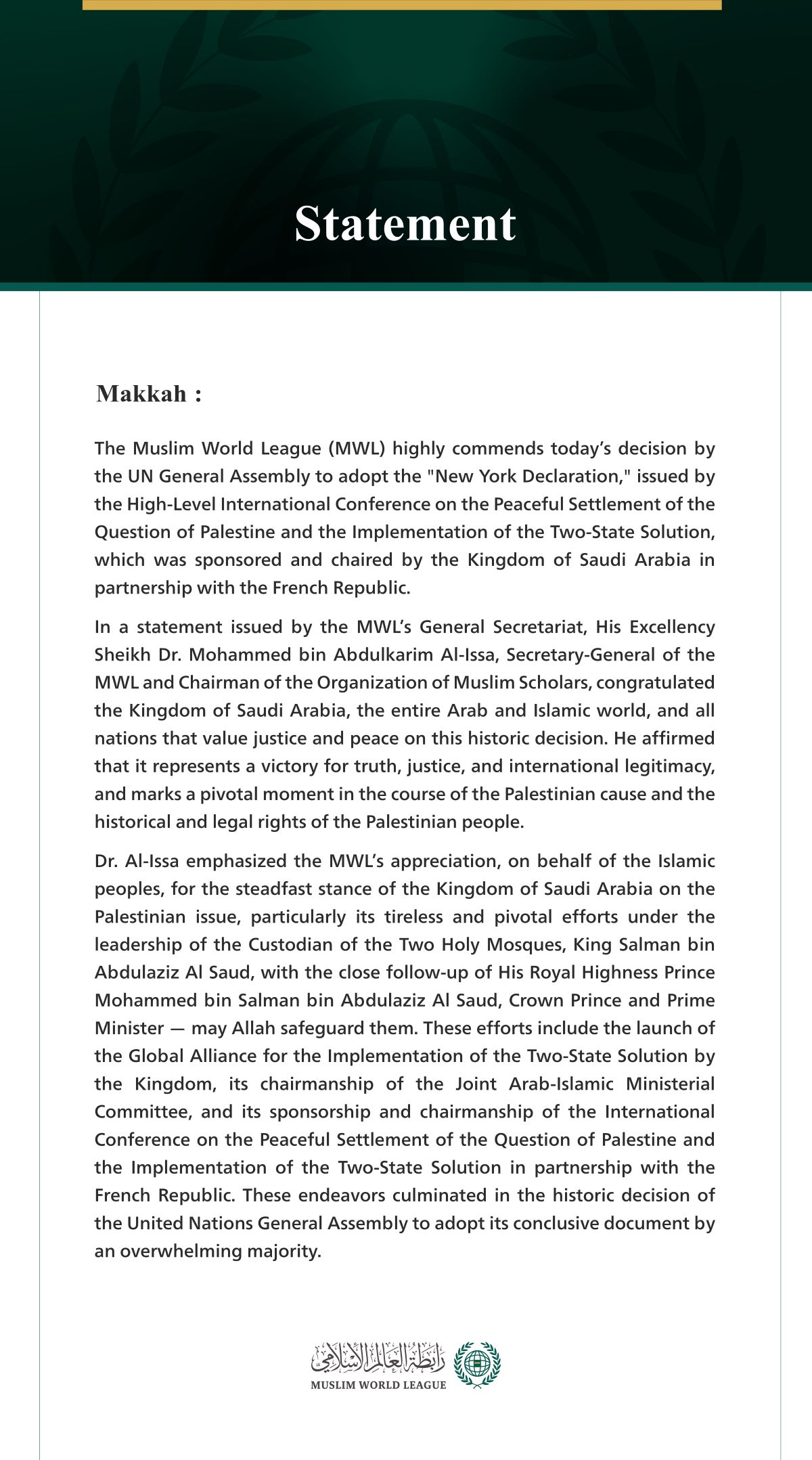 The Muslim World League Commends the UN General Assembly's Decision to Adopt the "New York Declaration" on the "Two-State Solution"