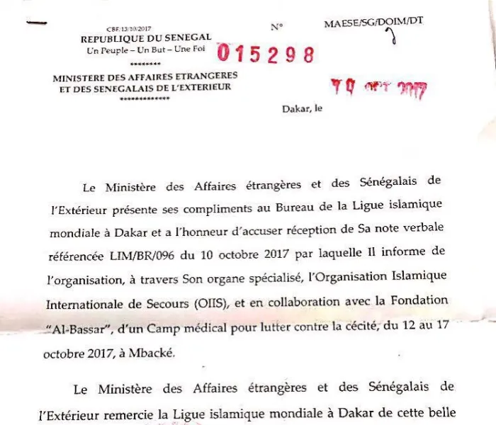 Le Ministre des affaires étrangères sénégalais Siddiq Kaba, remercie la LIM pour son aide médical et le travail de son bureau à Dakar.
