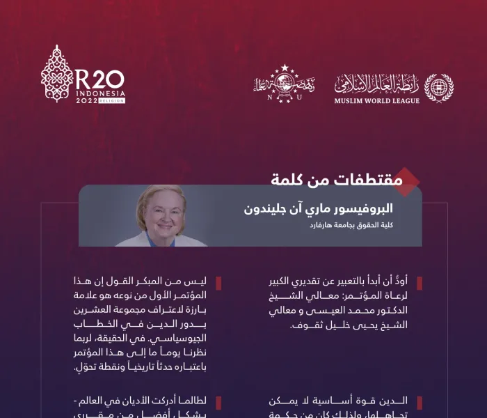 أبرز النقاط التي تطرّقت إليها البروفيسورة ماري آن جليندون من كلية الحقوق بجامعة هارفرد، خلال أعمال القمة الدينية لمجموعة العشرين في بالي: