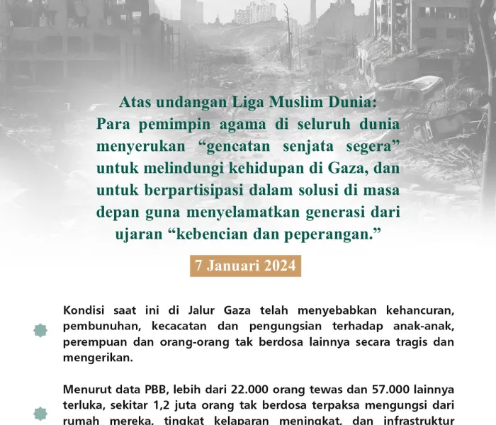 Berpartisipasilah dalam “Petisi Gaza”.. Petisi internasional pertama yang mengumpulkan para pemimpin umat beragama, diluncurkan oleh Liga Muslim Dunia 