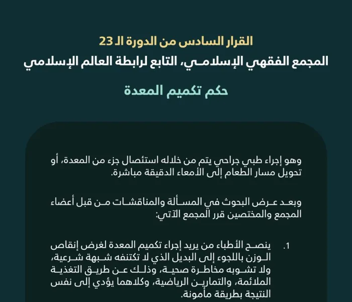 ‏"حكم تكميم المعدة"  ‏القرار السادس من الدورة الـ٢٣ للمجمع الفقهي الإسلامي التابع لرابطة العالم الإسلامي: