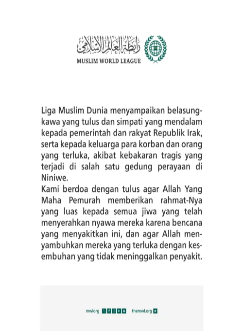 Belasungkawa dari Liga Muslim Dunia: