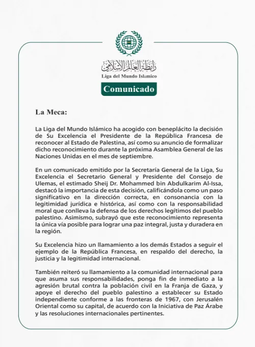 La Liga del Mundo Islámico acoge con beneplácito la decisión del Presidente francés de reconocer al Estado de Palestina