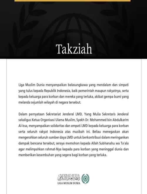 Liga Muslim Dunia Menyampaikan Belasungkawa kepada Indonesia atas Para Korban Gempa Bumi yang Melanda Negara Tersebut