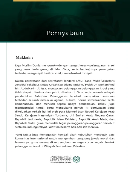 Liga Muslim Dunia Mengutuk Pelanggaran israel yang Terus Berlanjut di Jalur Gaza