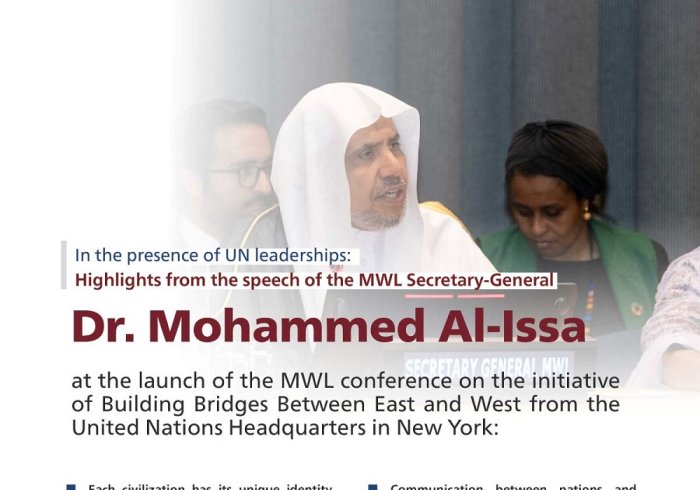 Highlights from the speech of His Excellency Sheikh Mohammed Alissa, the Secretary-General of the Muslim World League, at the launch of the MWL initiative on Building Bridges between East and West at the UN headquarters in New York: