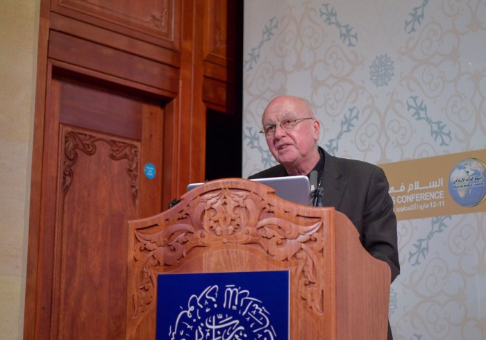 Vatican Representative, Archbishop Emeritus of Southwark & Chair of the Bishops' Conference Committee for Other Faiths, the Most Rev. Kevin McDonald speaks at the inaugural session of the Conference on Peace in the Revealed Religions by MWL in Oxford.