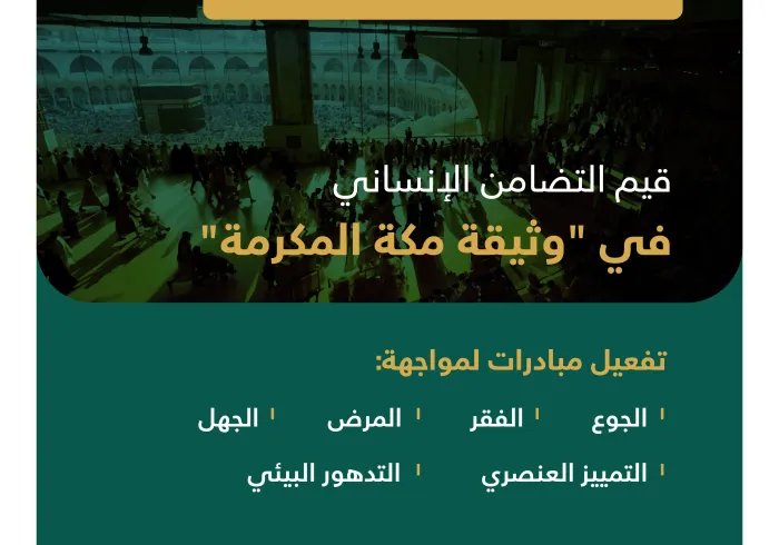 قِيَمُ التضامن الإنساني في “وثيقة مكة المكرمة” لخدمة العمل الإنساني، وصيانة كرامة الإنسان.‬⁩