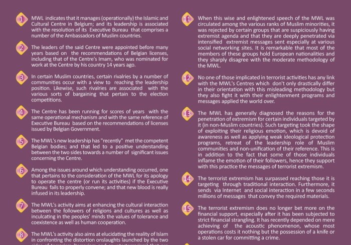 The MWL answers numerous polls on Islamic centers; in particular Brussels Center (the means to face extremism thought & its different bets)