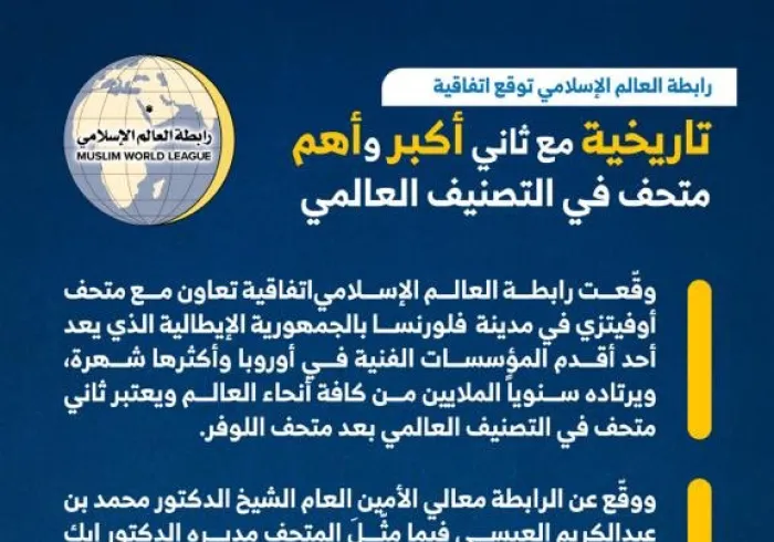 رابطة العالم الإسلامي توقع في إيطاليا اتفاقية "تاريخية" مع ثاني "أكبر" و"أهم" متحف حسب التصنيف العالمي .. وفي التصميم المرفق شرح لأهداف الاتفاقية :