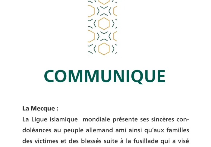 Communiqué de la Ligue Islamique Mondiale :