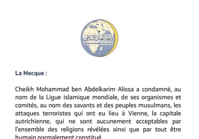 Communiqué de la Ligue Islamique Mondialesur les attentats de Vienne: