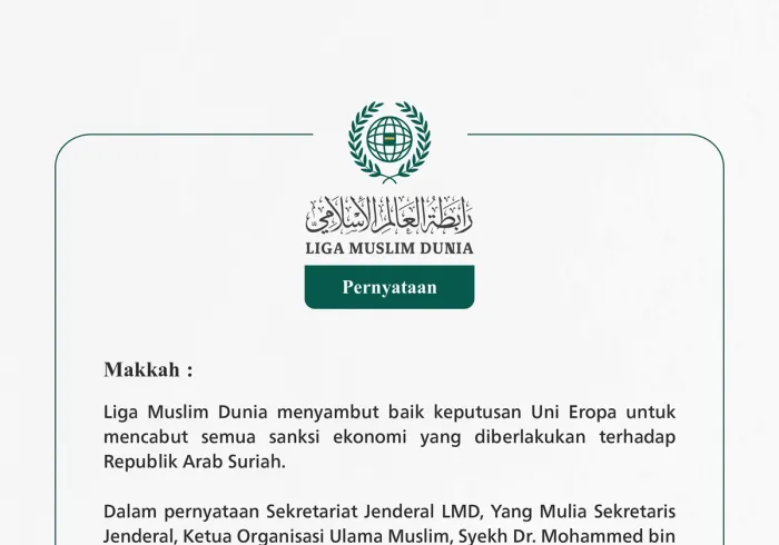 Liga Muslim Dunia menyambut baik keputusan Uni Eropa untuk mencabut semua sanksi ekonomi yang diberlakukan terhadap Republik Arab Suriah.