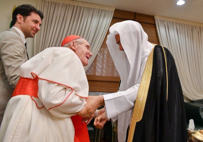 HE MWL SG Sheikh Dr Mohammad Alissa talks in Riyadh to HE Cardinal Jean-Louis Tauran, President of the Pontifical Council for Interreligious Dialogue in Vatican .