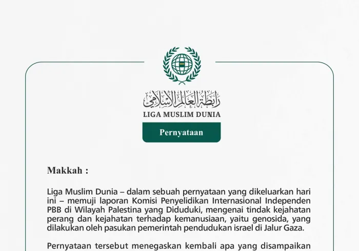 Liga Muslim Dunia – dalam sebuah pernyataan yang dikeluarkan hari ini – memuji laporan Komisi Penyelidikan Internasional Independen PBB di Wilayah Palestina yang Diduduki