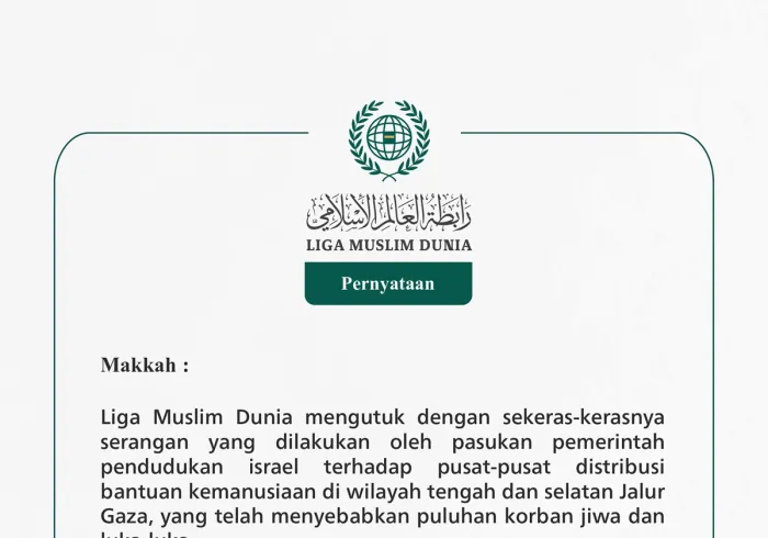 Liga Muslim Dunia mengutuk dengan sekeras-kerasnya serangan yang dilakukan oleh pasukan pemerintah pendudukan israel terhadap pusat-pusat distribusi bantuan kemanusiaan di wilayah tengah dan selatan Jalur Gaza, yang telah menyebabkan puluhan korban jiwa dan luka-luka.