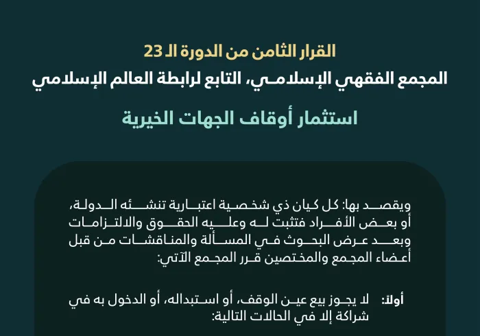 ‏"استثمار أوقاف الجهات الخيرية"  ‏القرار الثامن من الدورة الـ٢٣ للمجمع الفقهي الإسلامي التابع لرابطة العالم الإسلامي: