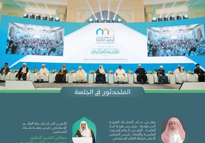 برئاسة معالي الأمين العام، رئيس هيئة علماء المسلمين، فضيلة الشيخ د.⁧‫محمد العيسى‬⁩؛ المتحدثون في الجلسة الافتتاحيَّة لمؤتمر: "بناء الجسور بين المذاهب الإسلامية":