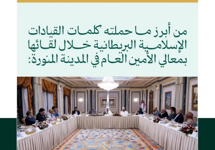 هنا ملامح لأبرز ما جاء في كلمات القيادات الإسلامية البريطانية عقب اجتماعها مع معالي الأمين العام، رئيس هيئة علماء المسلمين، فضيلة الشيخ د. ⁧‫محمد العيسى‬⁩‬⁩، في المدينة المنورة