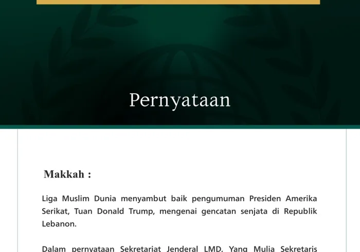 Liga Muslim Dunia Menyambut Baik Pengumuman Gencatan Senjata di Lebanon