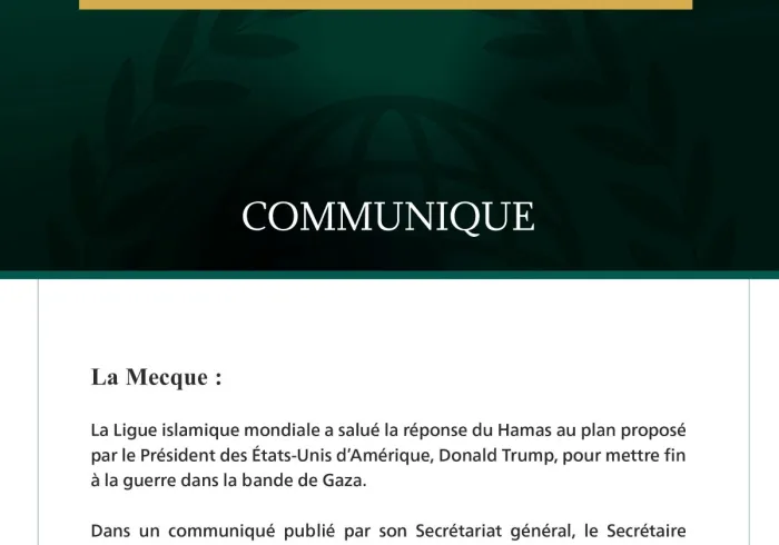 Liga Muslim Dunia menyambut baik tanggapan "Hamas" terhadap rencana Presiden Amerika Serikat, Donald Trump, untuk mengakhiri perang di Jalur Gaza