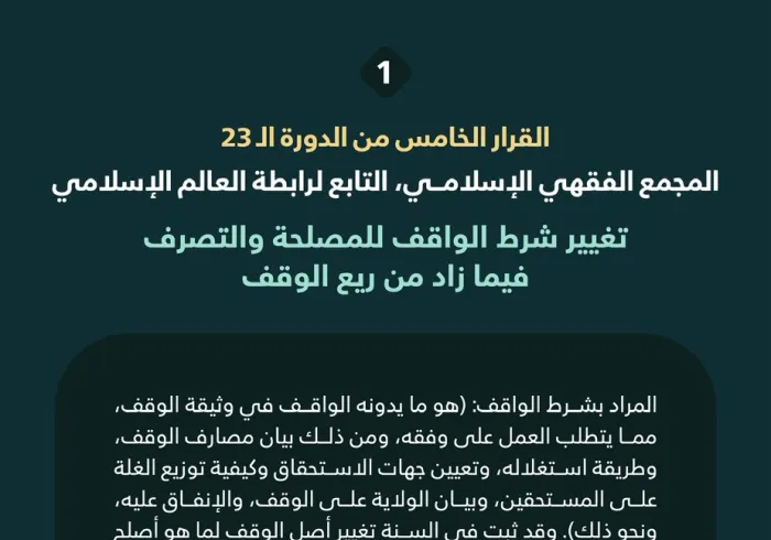 "تغيير شرط الواقف للمصلحة والتصرف فيما زاد من ريع الوقف"  القرار الخامس من الدورة الـ٢٣ للمجمع الفقهي الإسلامي التابع لرابطة العالم الإسلامي: