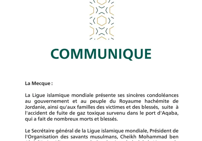Communique de la Ligue Islamique Mondiale :